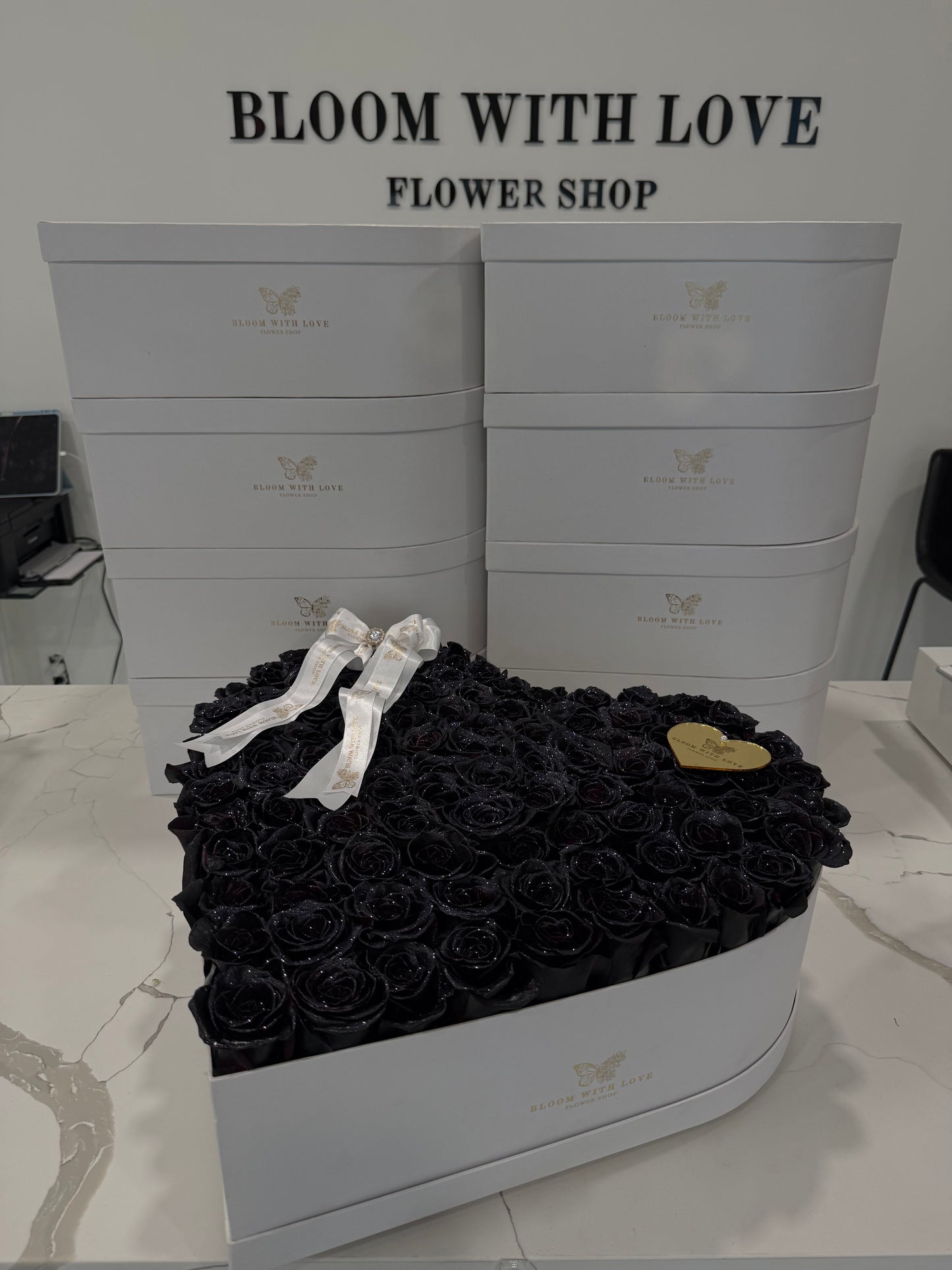 Black Glitter Rose Heart Box