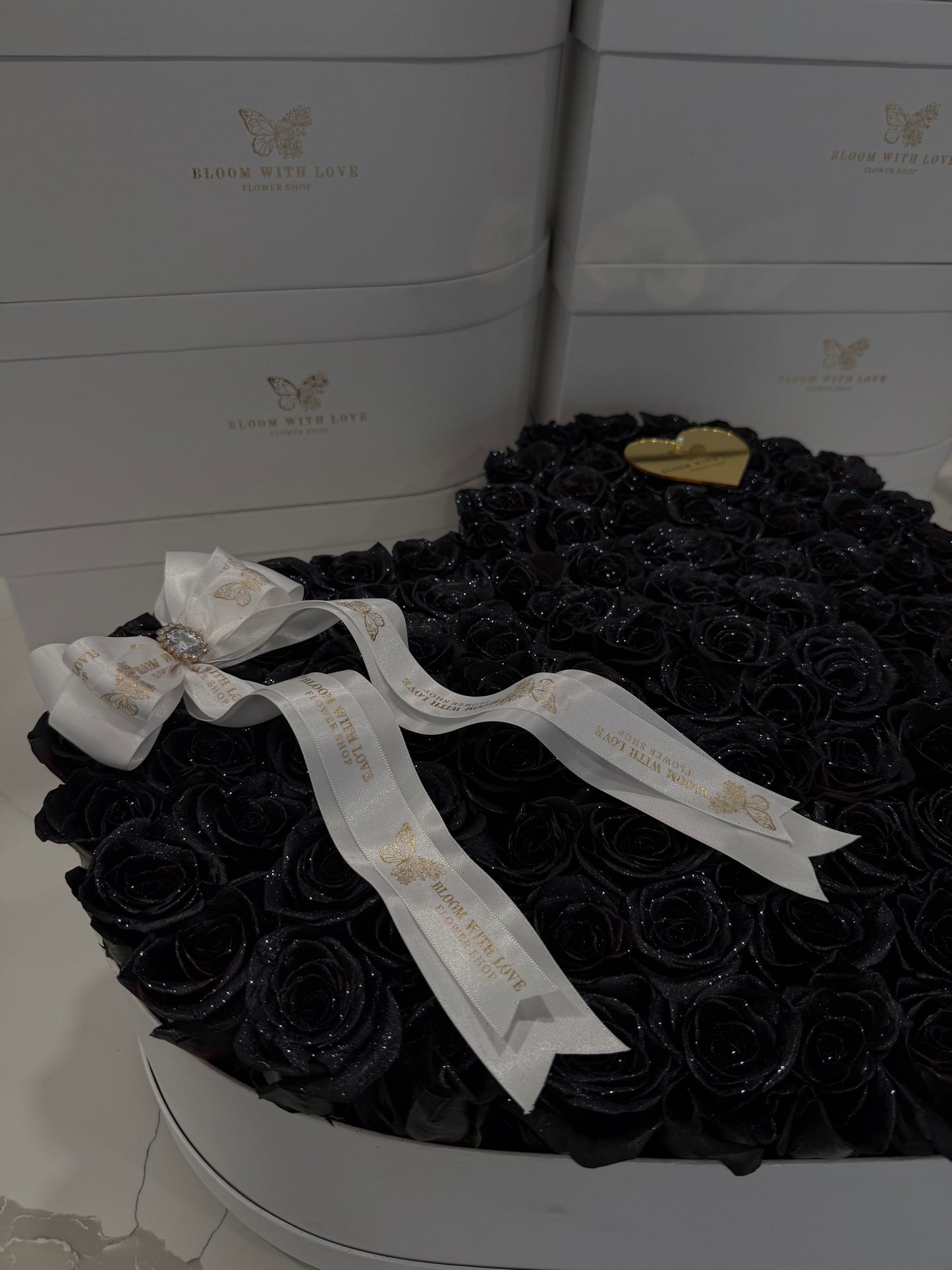 Black Glitter Rose Heart Box