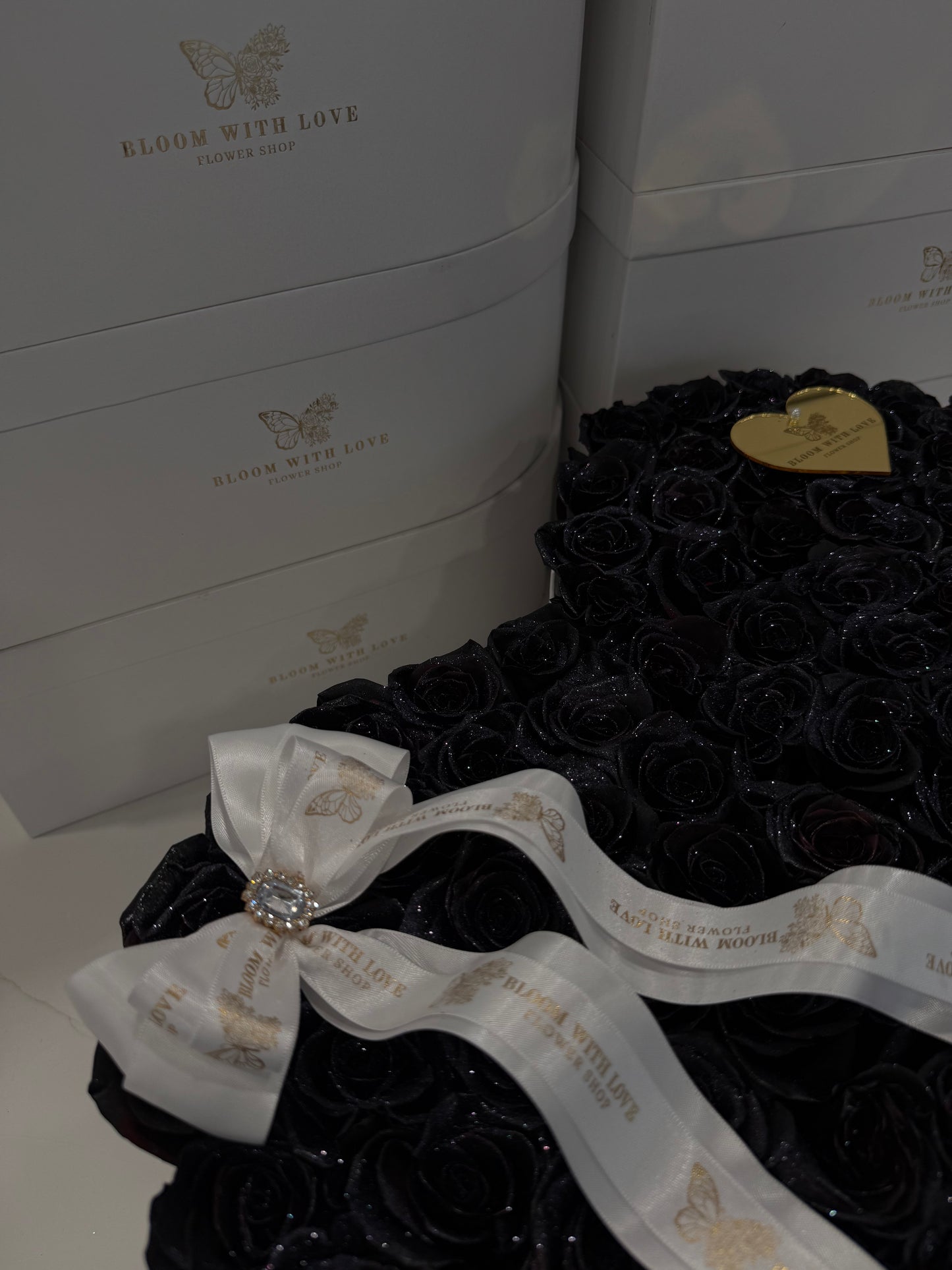Black Glitter Rose Heart Box